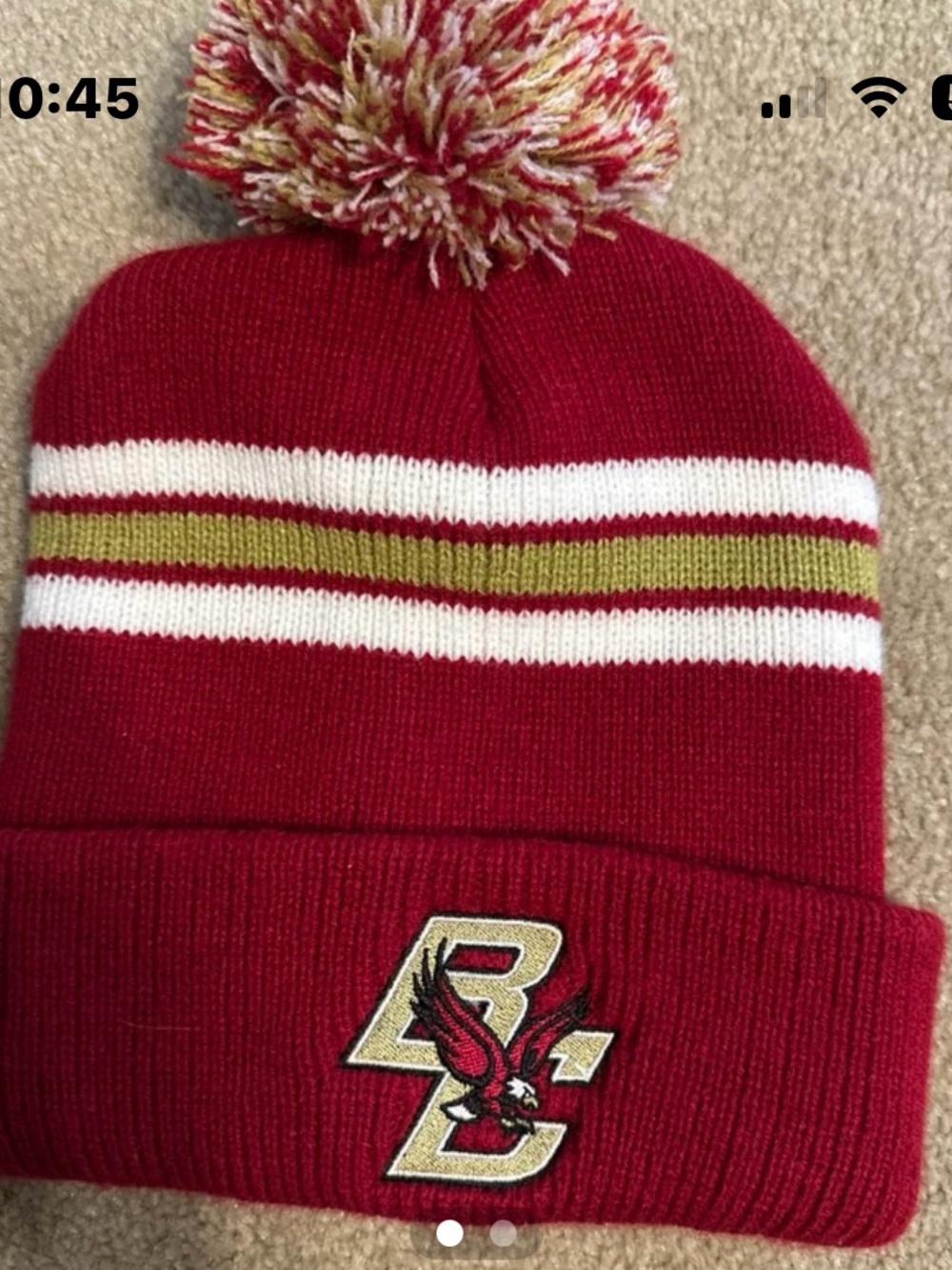Red Pom Pom Boston College hat with Striped Detail and Embroidered BC Logo